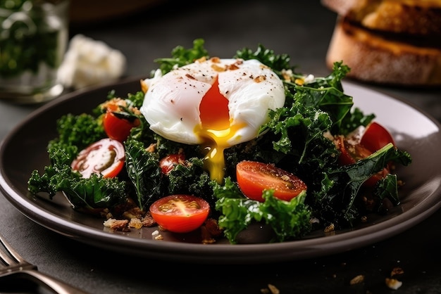 Un plato de ensalada de col rizada con un huevo escalfado encima