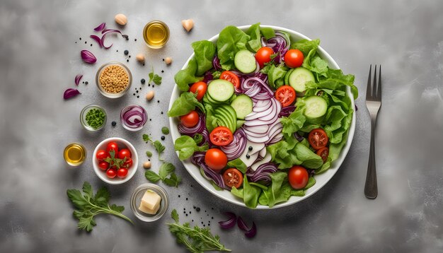 un plato de ensalada con una ensalada y una botella de aceite de oliva