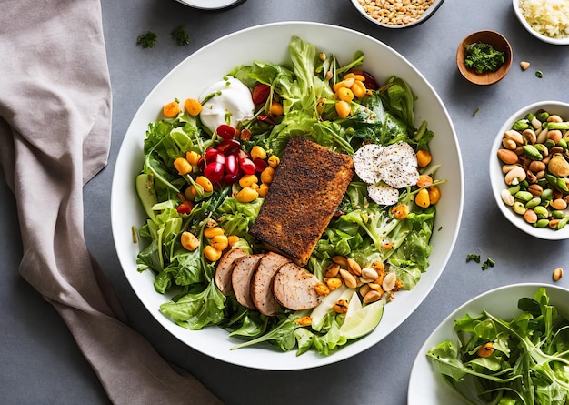 Un plato de ensalada con una ensalada encima