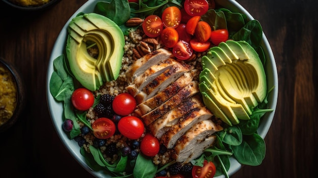 Un plato de ensalada de espinacas con pollo y aguacate.