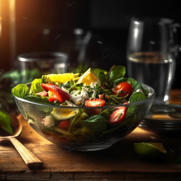 Un plato de ensalada de espinacas con tomate y queso.