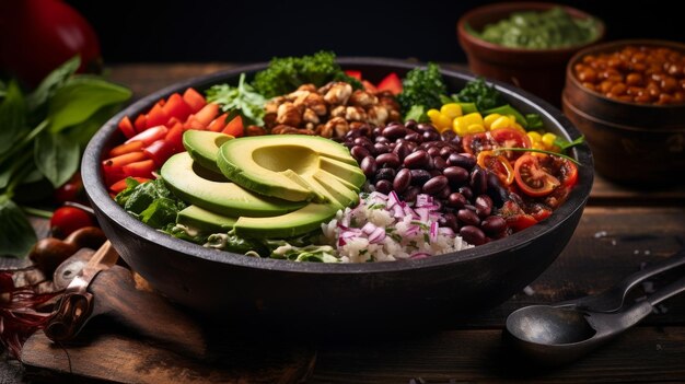 Un plato de ensalada con frijoles de aguacate, tomates y otras verduras