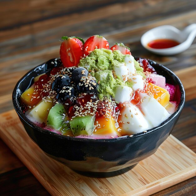 Foto un plato de ensalada de frutas con una cuchara en él