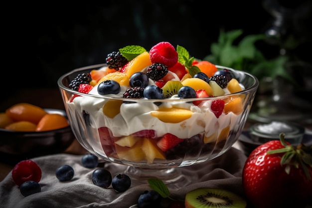 Un plato de ensalada de frutas con un fondo negro