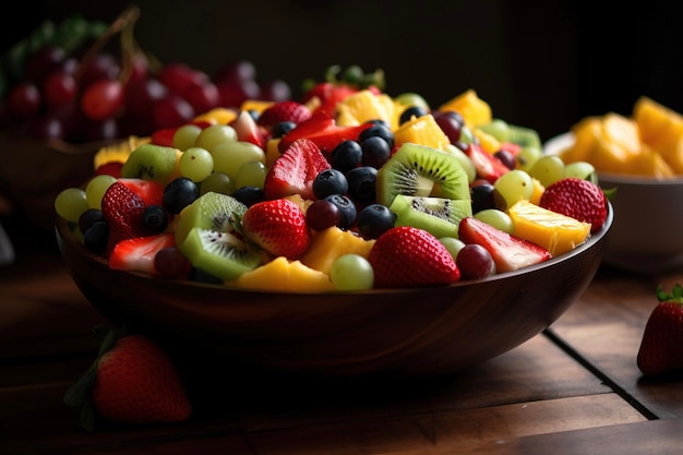 Un plato de ensalada de frutas con un fondo oscuro