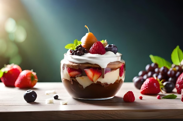 Un plato de ensalada de frutas con fresas y arándanos sobre la mesa.