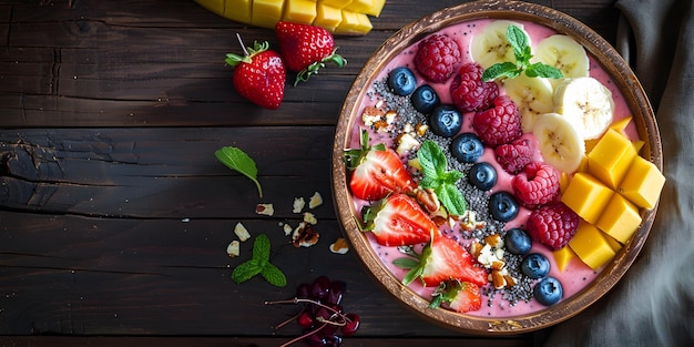 Un plato de ensalada de frutas con fresas y fresas en una mesa de madera