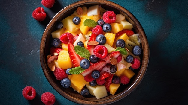 Un plato de ensalada de frutas con hojas de menta sobre un fondo oscuro