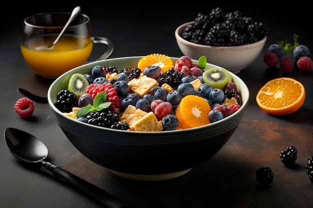 Un plato de ensalada de frutas con moras y kiwis