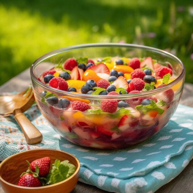 Un plato de ensalada de frutas con una servilleta azul sobre una mesa.