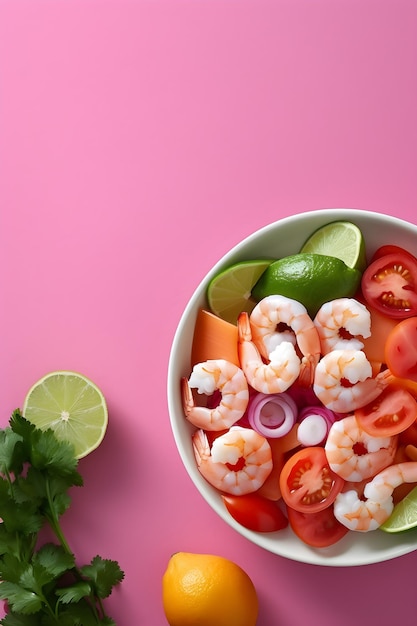 Un plato de ensalada de gambas con gajos de lima y limas sobre un fondo rosa.