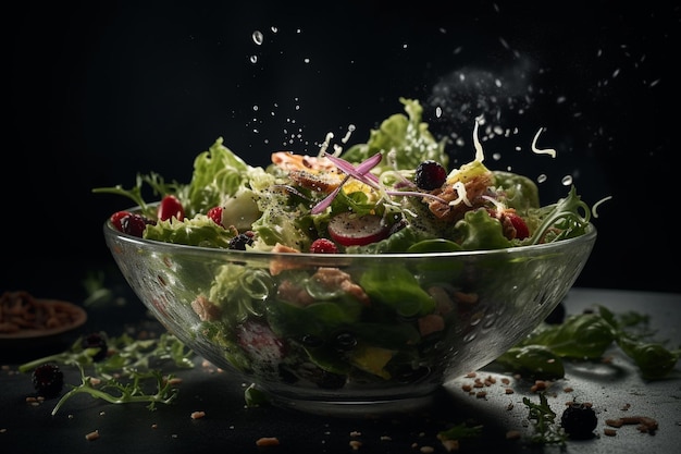 Un plato de ensalada con gotas de agua