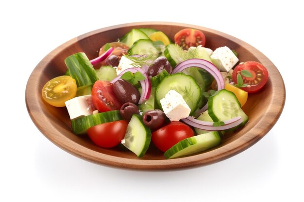 Un plato de ensalada griega con queso feta y aceitunas.