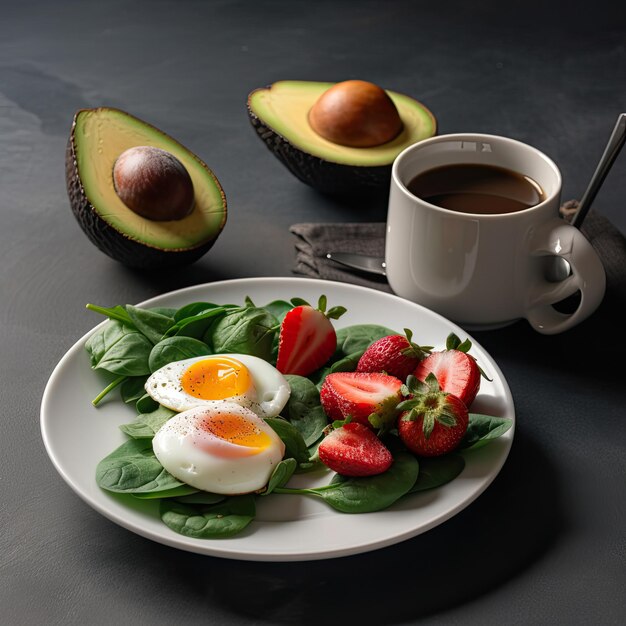 Un plato de ensalada con huevos y fresas y aguacate Ai Generativo