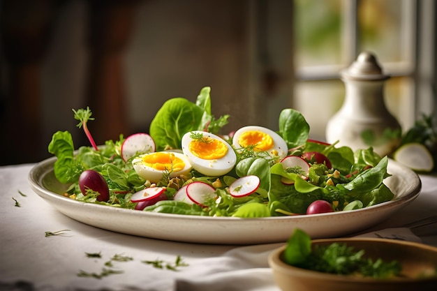 Un plato de ensalada con huevos y rábanos