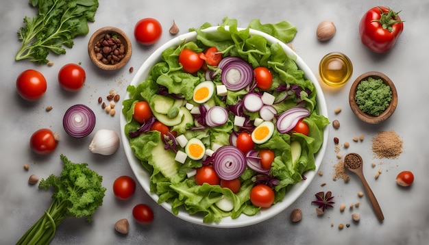 un plato de ensalada con huevos tomates y lechuga