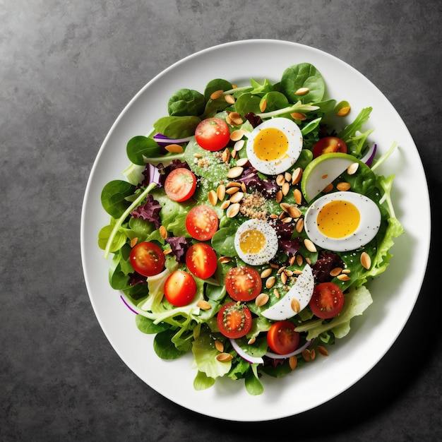 Un plato de ensalada con huevos y tomates