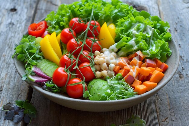 Un plato de ensalada con una imagen de verduras y las palabras