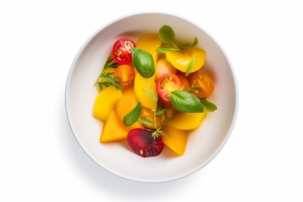 Un plato de ensalada de mango con tomate y albahaca