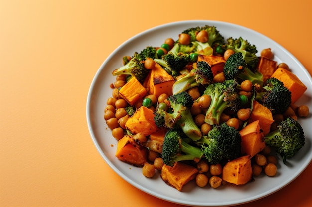 Un plato de ensalada mixta con brócoli, patatas dulces y garbanzos