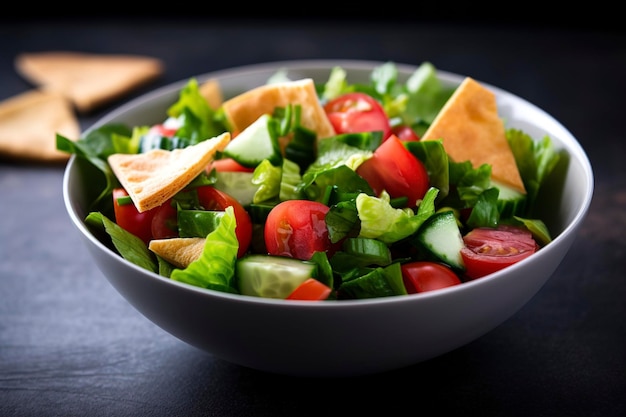 Un plato de ensalada con pan de pita y tomate