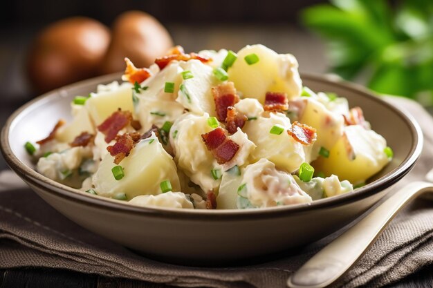 Un plato de ensalada de patatas con tocino y cebollas verdes.
