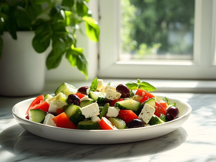 un plato de ensalada con pepino y aceitunas
