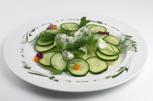 Un plato de ensalada de pepino con eneldo y eneldo.