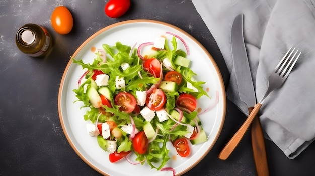 Un plato de ensalada con pepino, queso feta y tomates en una mesa negra.