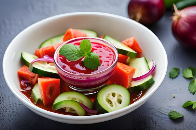 Un plato de ensalada de pepino con salsa roja