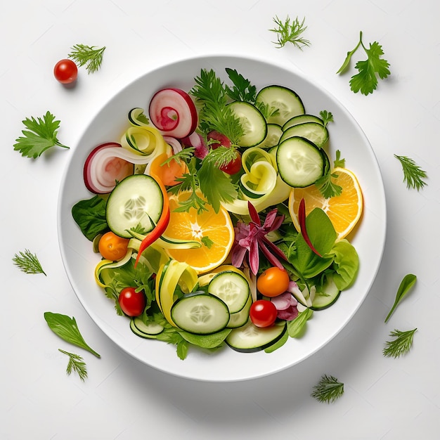 Un plato de ensalada con pepinos, tomates y otras verduras.