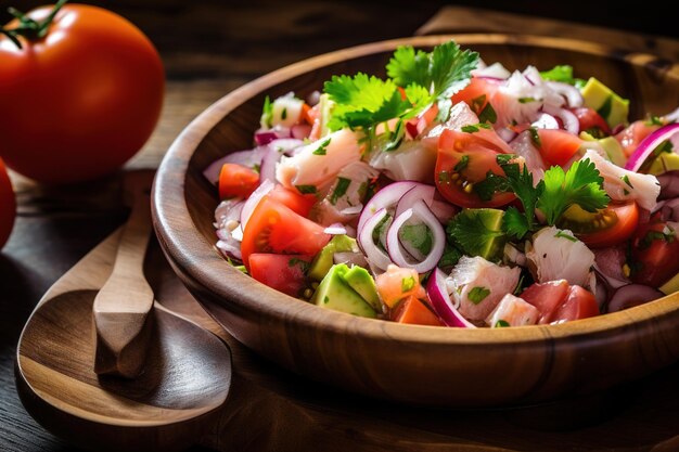 Un plato de ensalada de pescado con tomates y pepinos