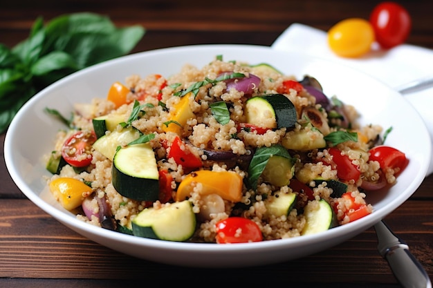 Foto un plato de ensalada de quinoa con calabacín y tomate.