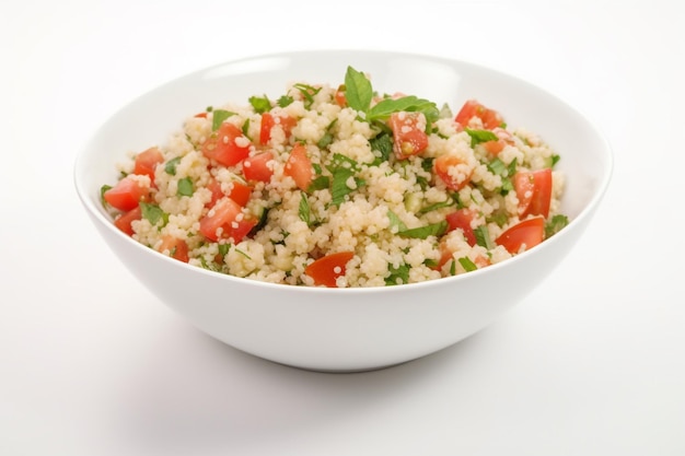 Un plato de ensalada de quinoa y tomate con albahaca encima.