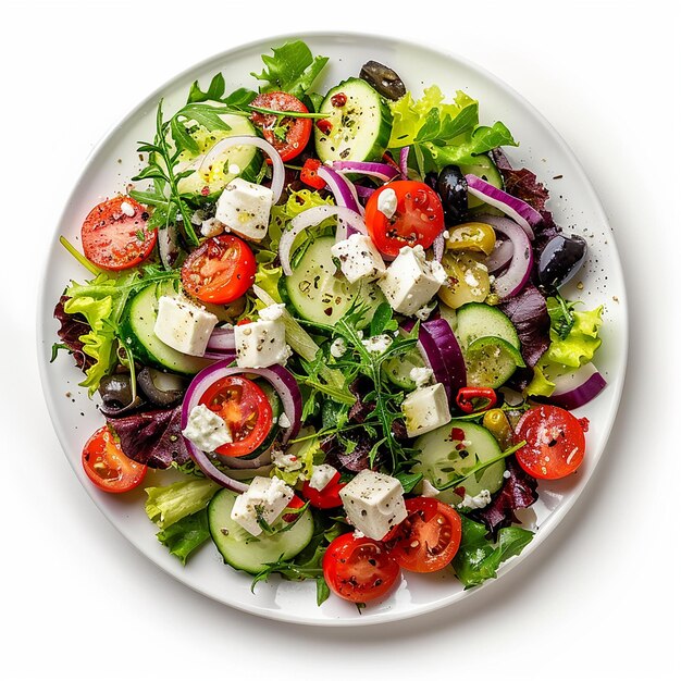 un plato de ensalada con rábanos tomates pepino y pepino