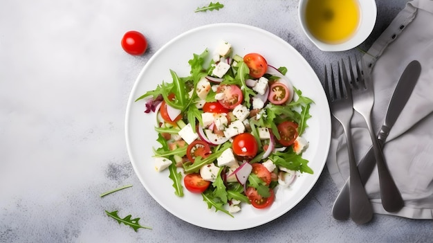 Un plato de ensalada con rúcula, tomate y queso feta