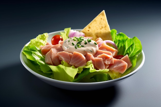 Un plato de ensalada de salmón ahumado con un chip al lado.