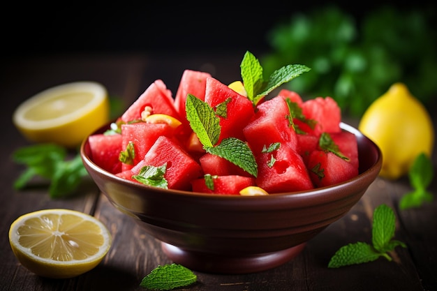 Un plato de ensalada de sandía con hojas de menta y limones en una mesa