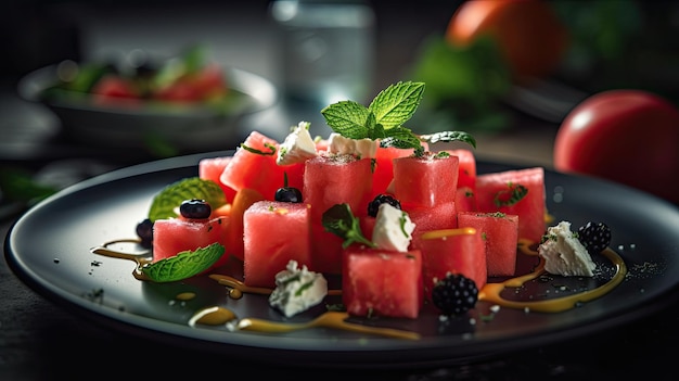 Un plato de ensalada de sandía con queso y menta