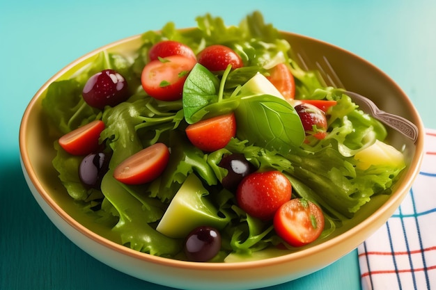 Un plato de ensalada con un tenedor y un plato de ensalada.