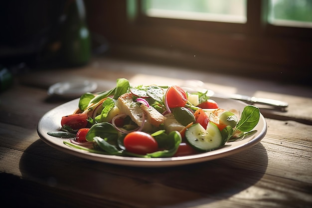 Un plato de ensalada con un tenedor y un plato de verduras.