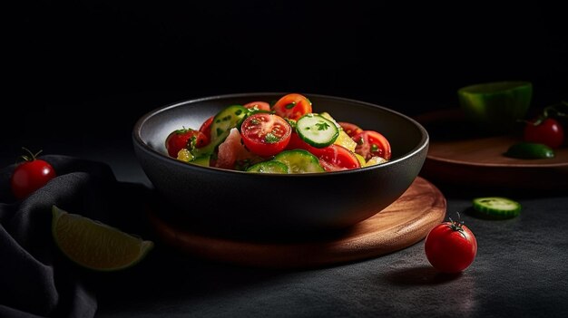 Un plato de ensalada de tomate con rodajas de pepino sobre una mesa de madera.