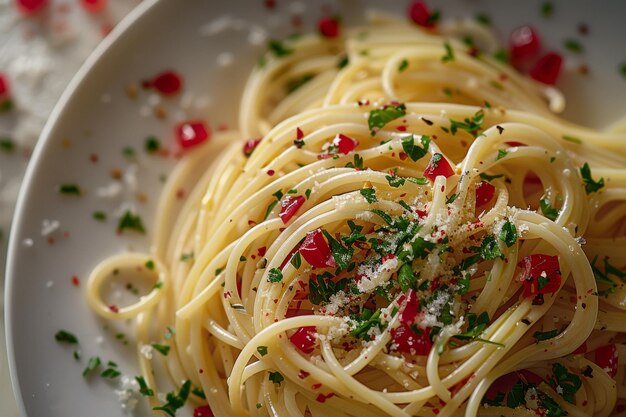Plato de espagueti adornado con tomate de albahaca fresco y queso rallado