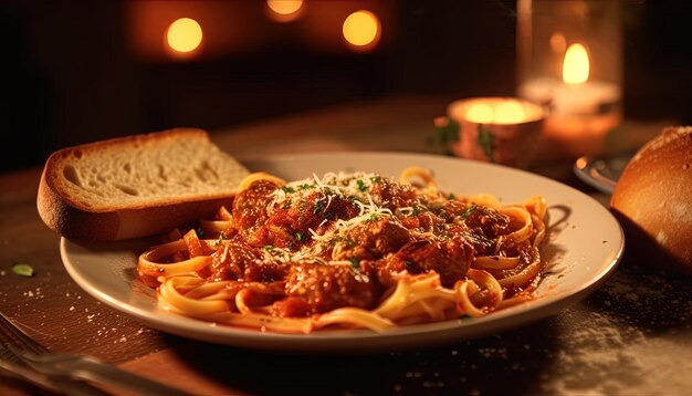 Foto un plato de espagueti con carne y queso en él