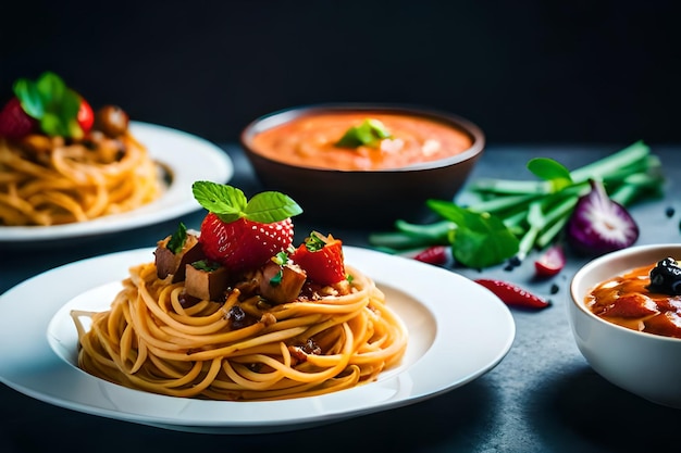 un plato de espagueti con fresas y un tazón de sopa