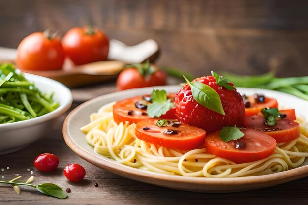 un plato de espagueti con fresas y tomates