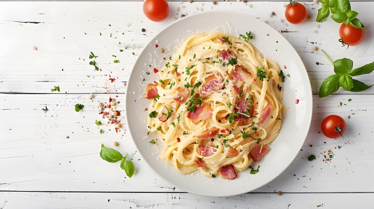 un plato de espagueti con jamón y tomates en una mesa
