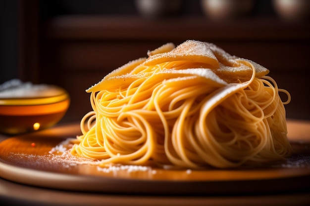 Un plato de espagueti con un plato de queso parmesano al lado.