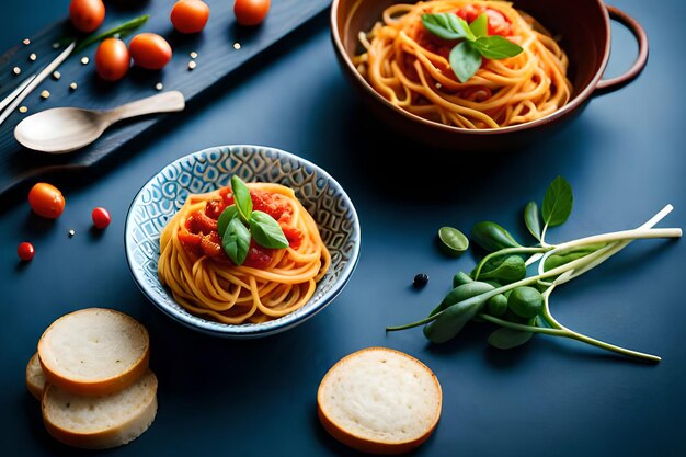 Un plato de espagueti y un plato de salsa de tomate.