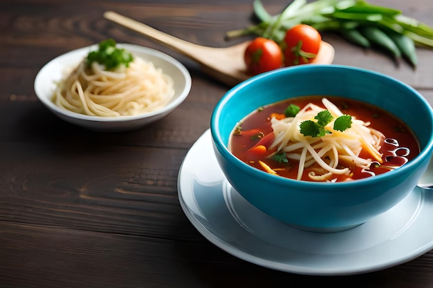 Un plato de espagueti y un plato de sopa de tomate.